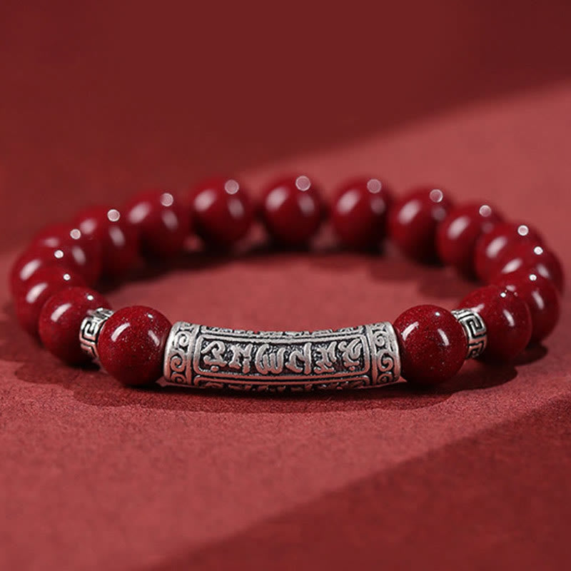 8mm Cinnabar Blessing Bracelet with Silver Six True Words Charm