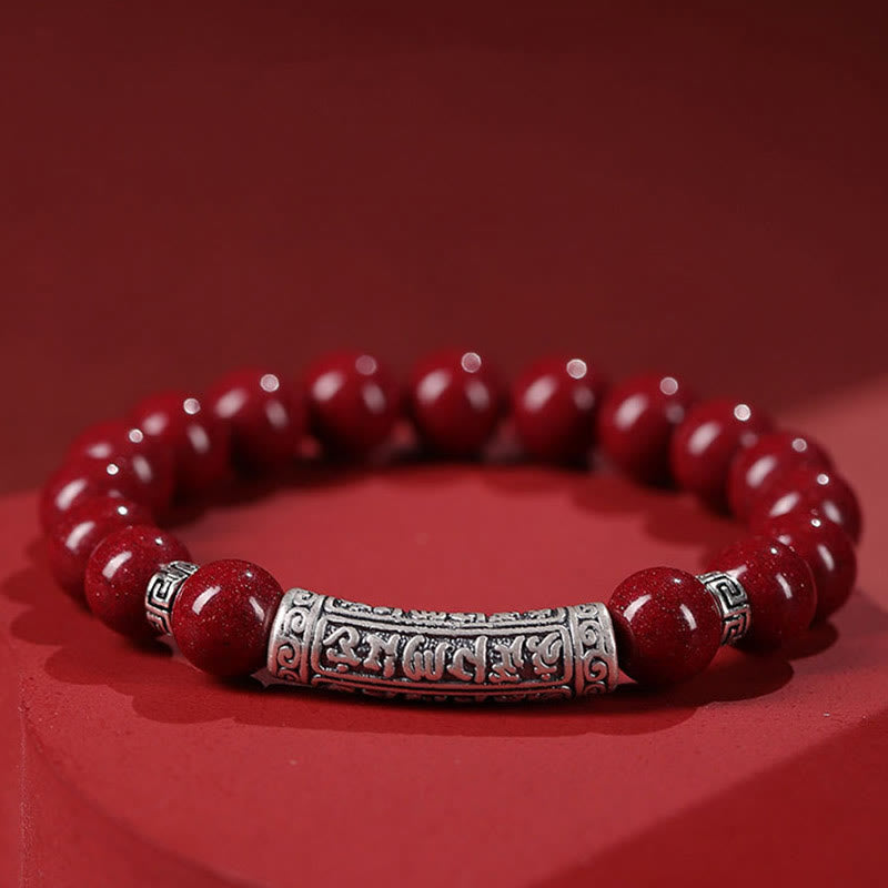 8mm Cinnabar Blessing Bracelet with Silver Six True Words Charm