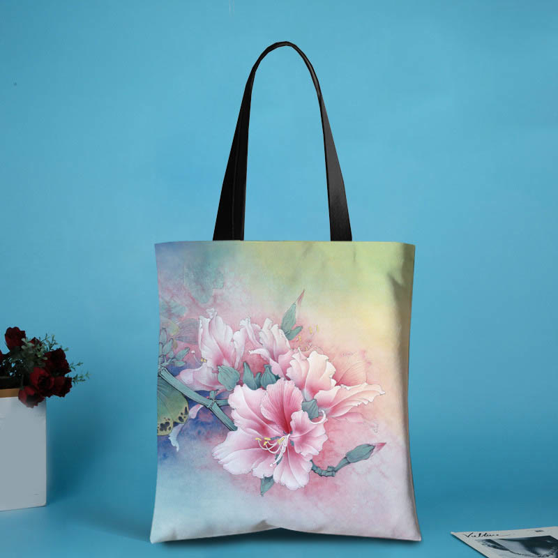 Large Capacity Ink Lotus Dragonfly Canvas Shoulder Bag