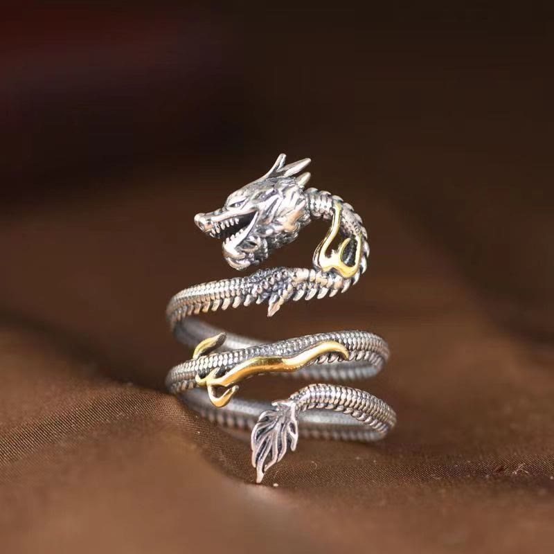 Vintage Dragon Pattern Copper Protection Ring Adjustable