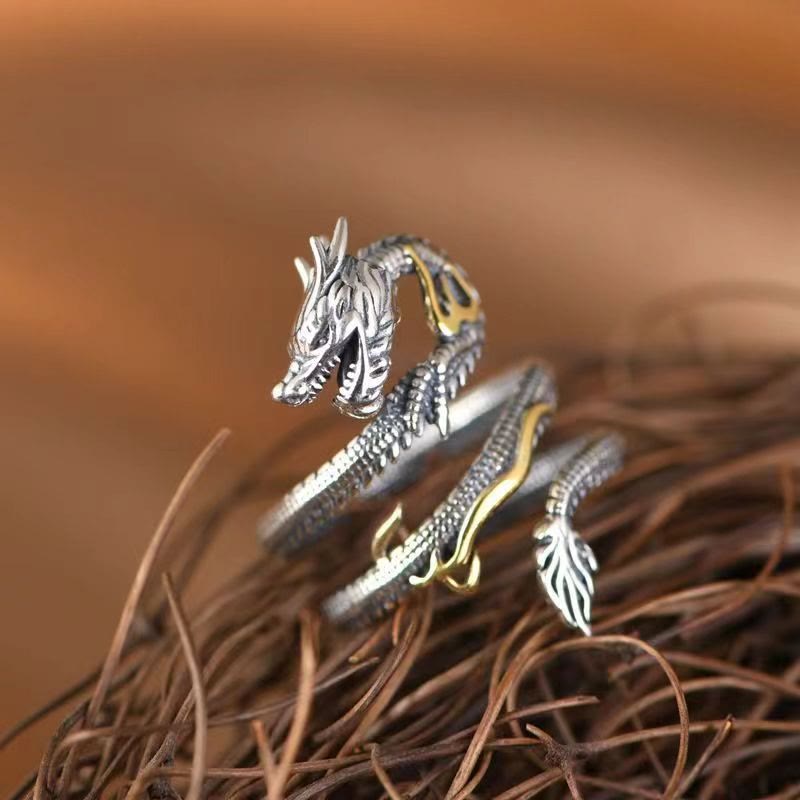 Vintage Dragon Pattern Copper Protection Ring Adjustable