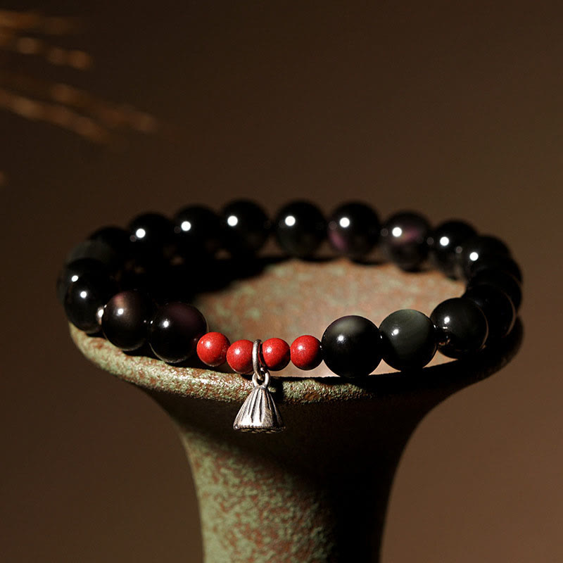 8mm Black Obsidian Lotus Charm Strength Bracelet