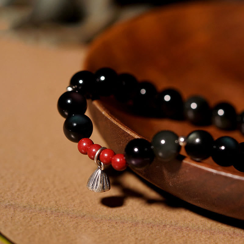 8mm Black Obsidian Lotus Charm Strength Bracelet