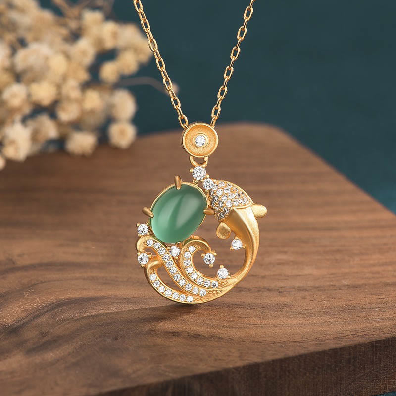Green Chalcedony Koi Fish Necklace for Strength & Courage