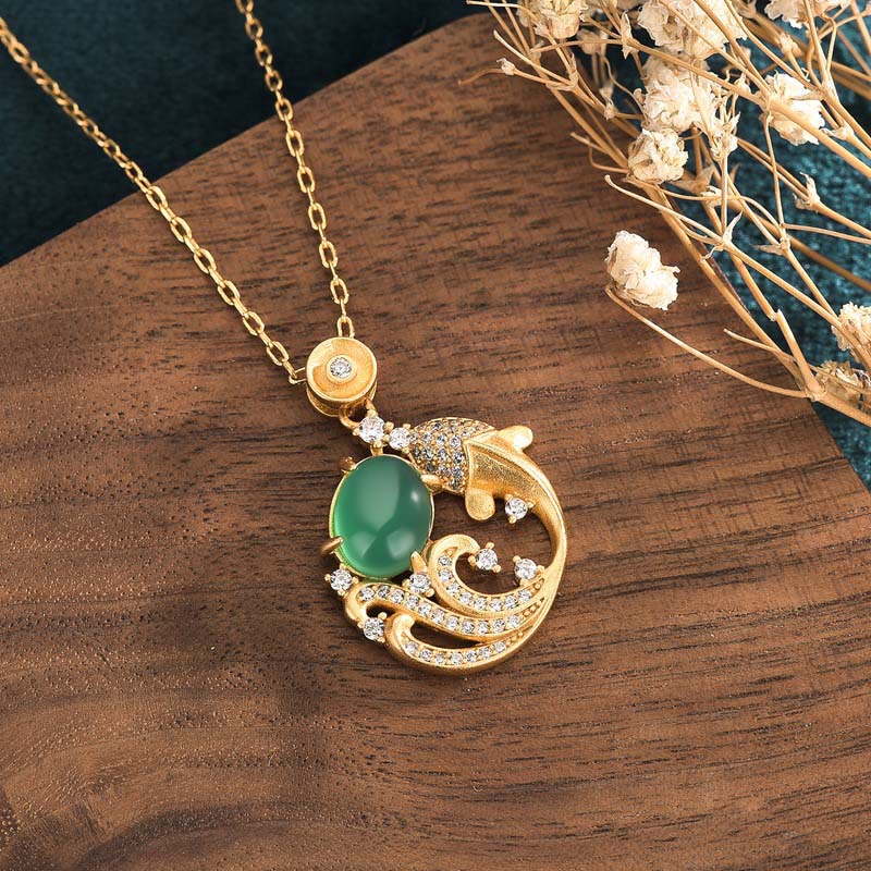 Green Chalcedony Koi Fish Necklace for Strength & Courage
