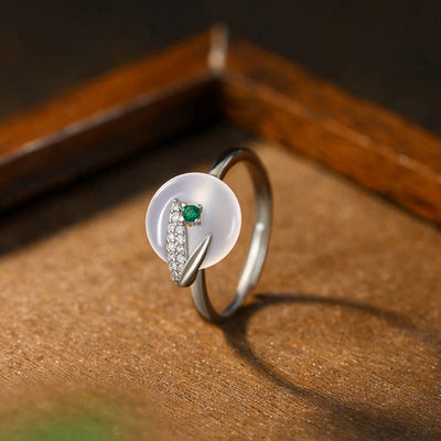 Chalcedon Bambusblatt Positiv Verstellbarer spiritueller Ring