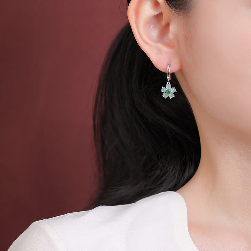 925 Sterling Silber vergoldete grüne Jade-Blumenohrringe für Wohlstand