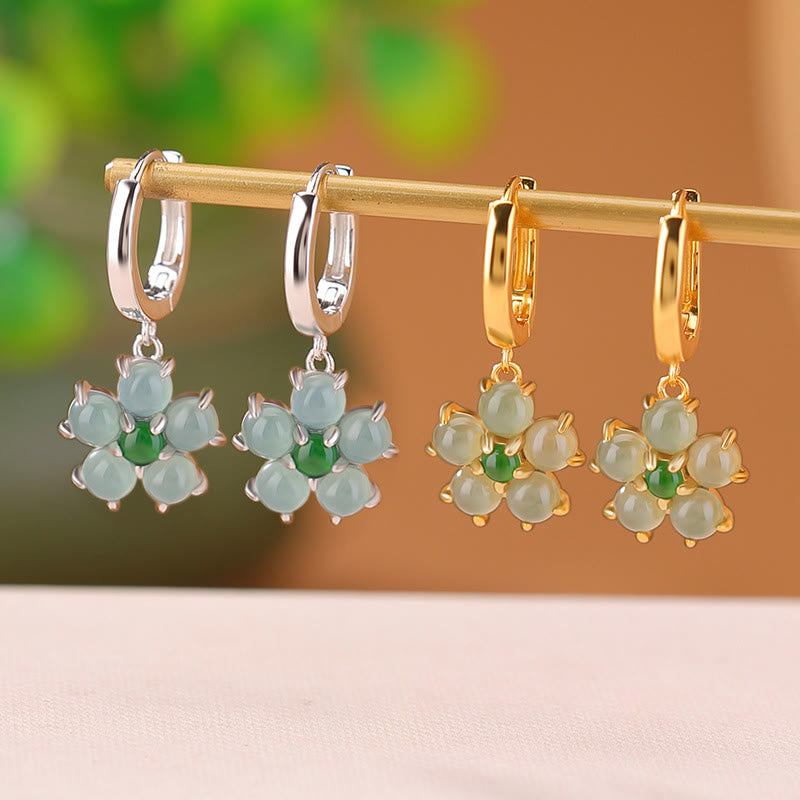 925 Sterling Silber vergoldete grüne Jade-Blumenohrringe für Wohlstand