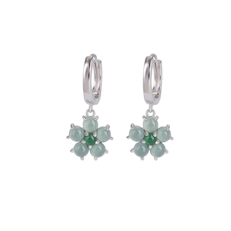 925 Sterling Silber vergoldete grüne Jade-Blumenohrringe für Wohlstand