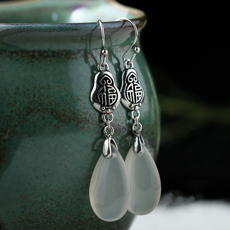 52mm Chalcedony Fu Character Positive Harmony Spiritual Earrings