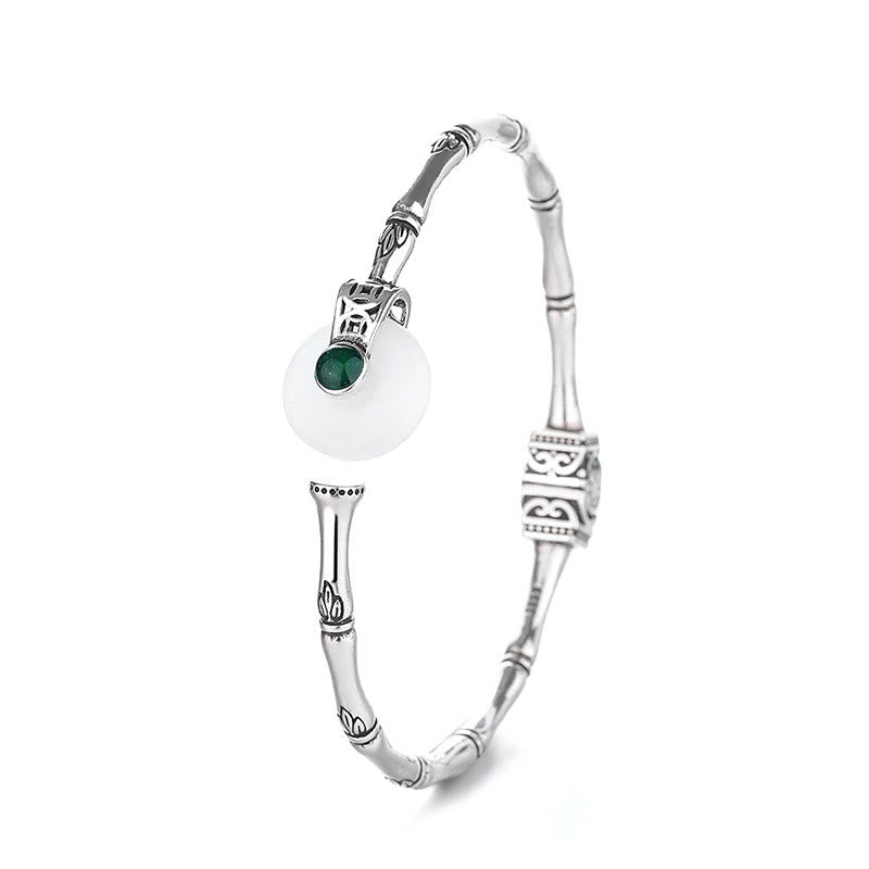 Manschettenarmband aus Kupfer und weißer Jade mit Peace-Schnalle und Bambus-Design