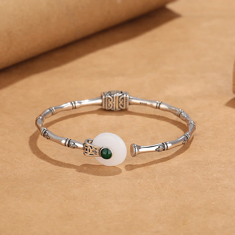 Manschettenarmband aus Kupfer und weißer Jade mit Peace-Schnalle und Bambus-Design