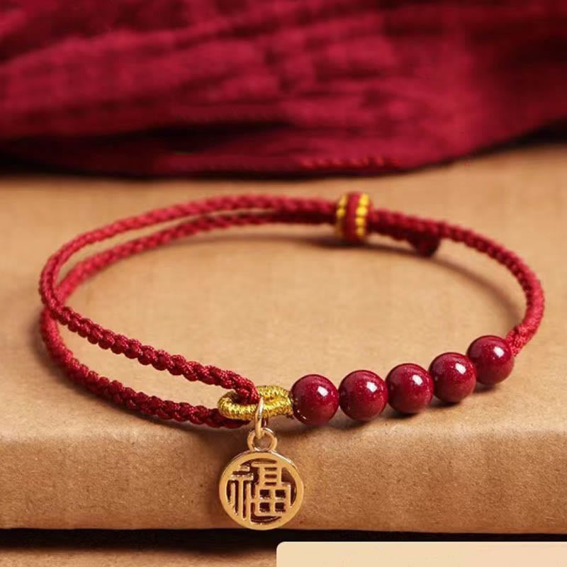 Cinnabar Fu Character Blessing Bracelet With Red String