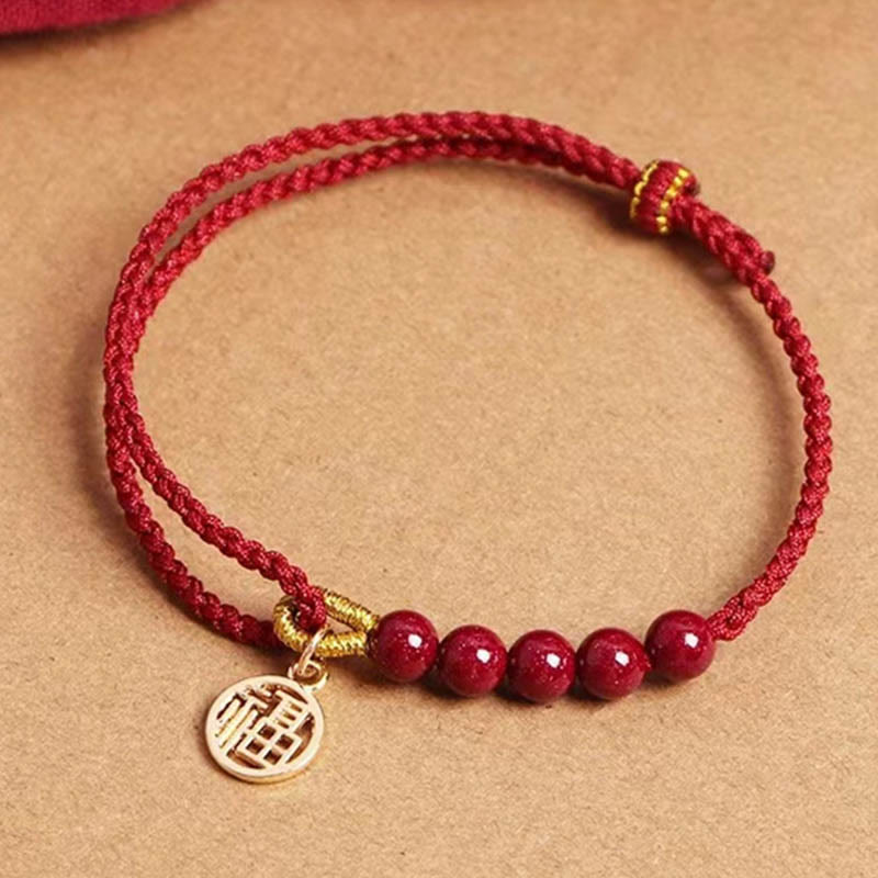 Cinnabar Fu Character Blessing Bracelet With Red String