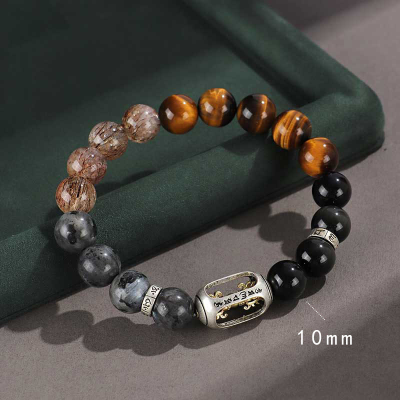 Om Mani Padme Hum Bracelet in Sterling Silver with Protection Stones