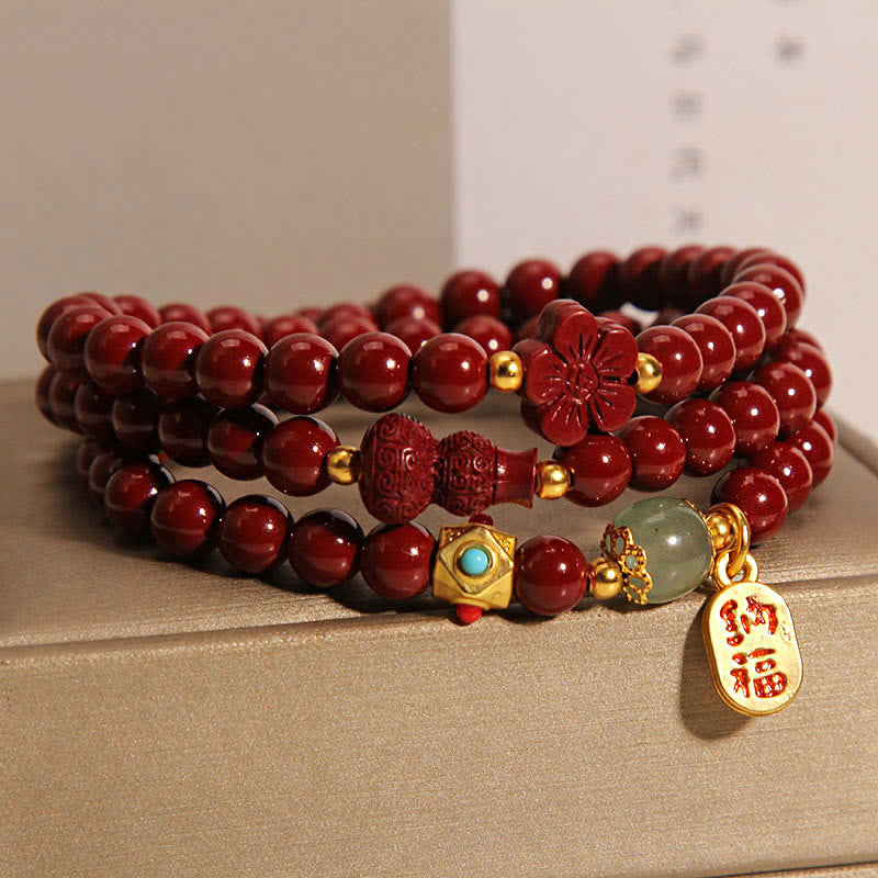 Cinnabar Triple Wrap Blessing Bracelet with Fu Character