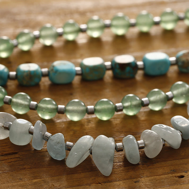 Triple Wrap Green Aventurine Bracelet with Aquamarine and Emperor Stone for Happiness