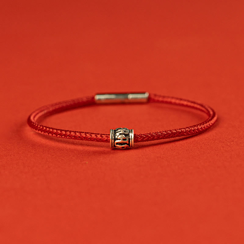 Om Mani Padme Hum Peace Bracelet | Red & Black String Silver