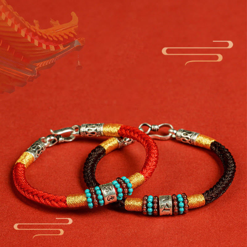 Om Mani Padme Hum Bracelet | Red Black String Silver | Unisex