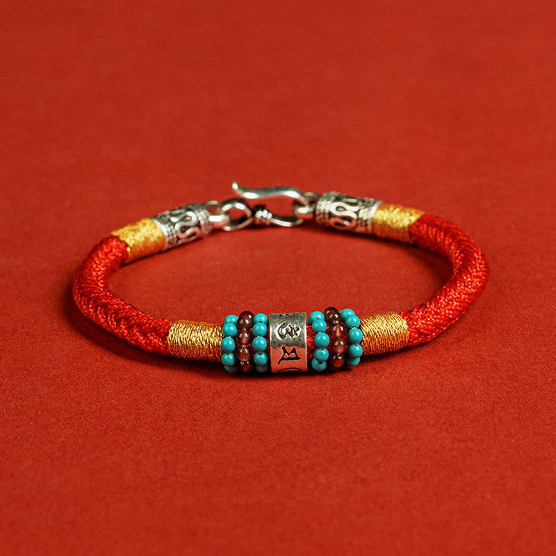 Om Mani Padme Hum Bracelet | Red Black String Silver | Unisex
