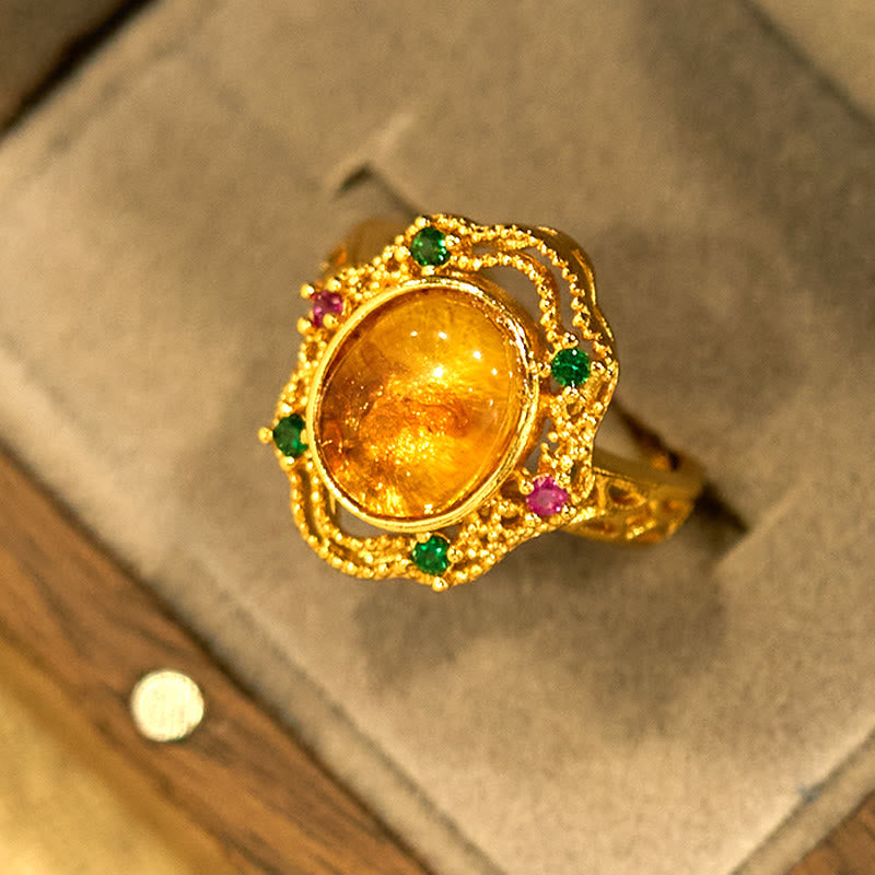 Verstellbarer Bernsteinring mit Blumenmotiv für Selbstvertrauen und innere Stärke