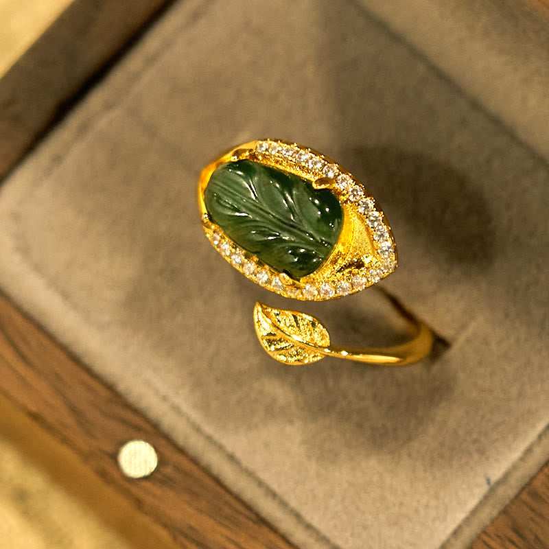 Verstellbarer Kupfer-Gold-Jade-Blattring für Wohlstand