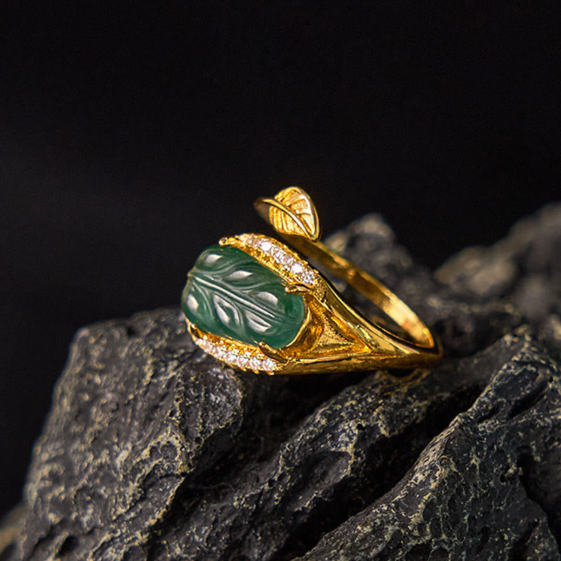 Verstellbarer Kupfer-Gold-Jade-Blattring für Wohlstand