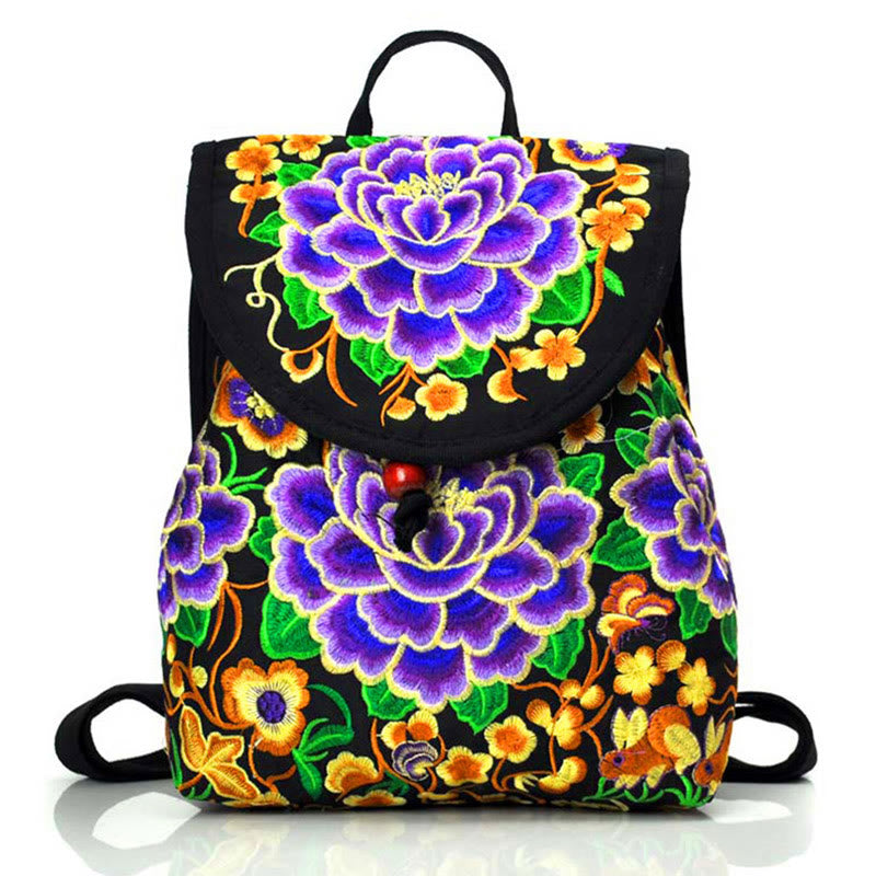 Canvas Backpack with Peony & Chinese Money Tree Embroidery - Prosperity Symbol
