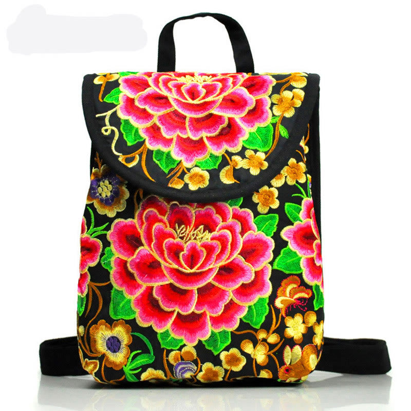 Canvas Backpack with Peony & Chinese Money Tree Embroidery - Prosperity Symbol