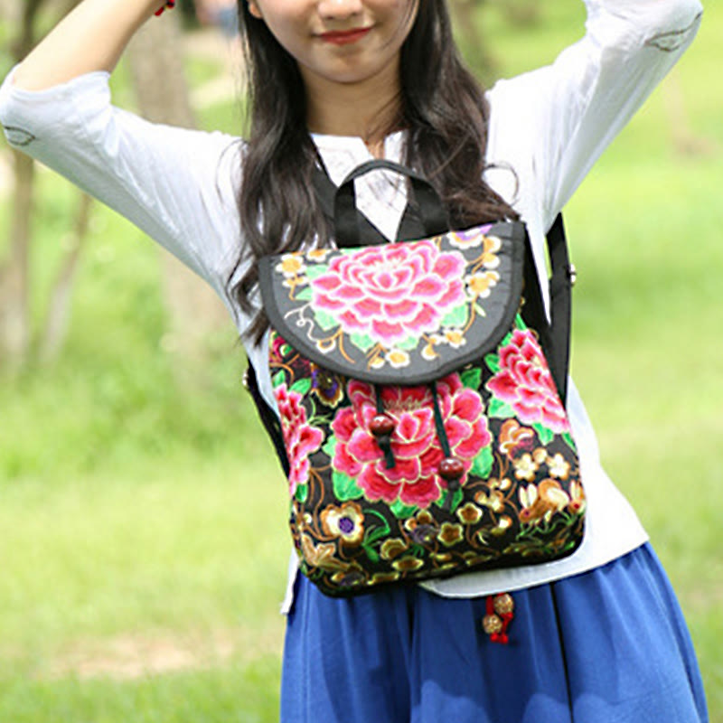 Canvas-Rucksack mit Pfingstrose & chinesischer Geldbaum-Stickerei – Wohlstandssymbol