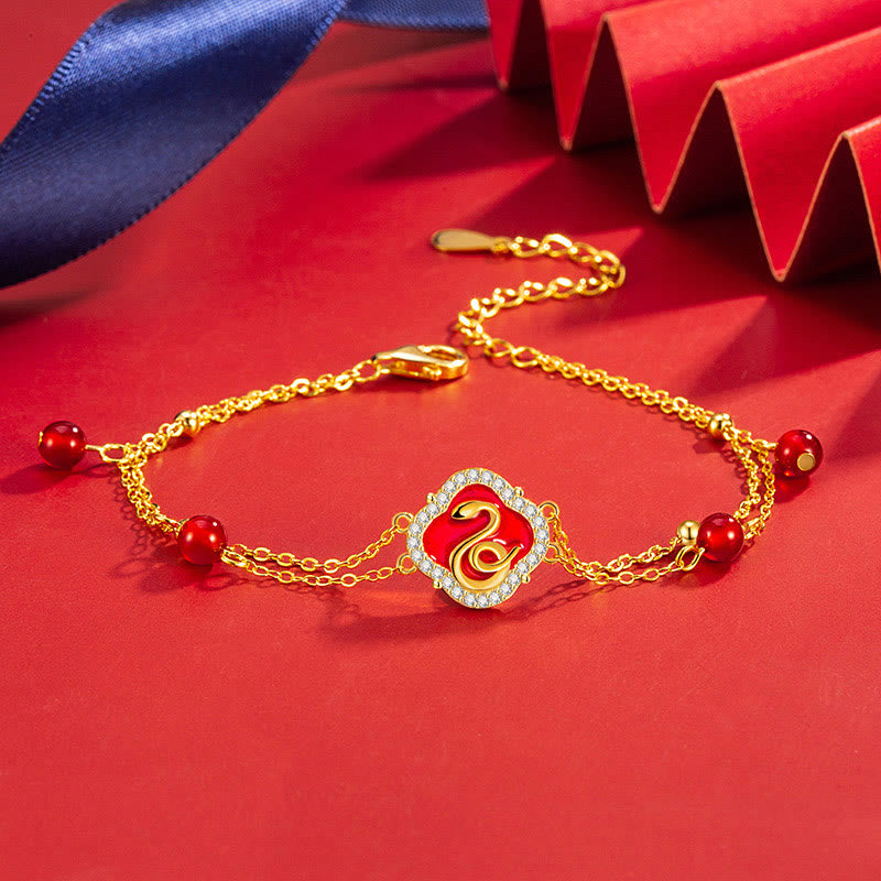 Glücksarmband Schlange aus Sterlingsilber mit rotem Achat