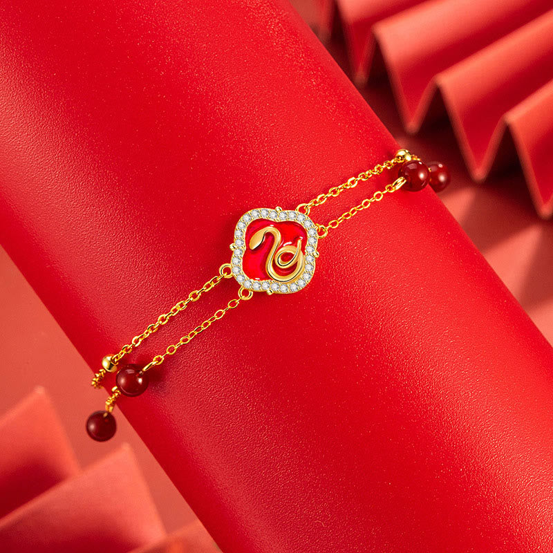 Glücksarmband Schlange aus Sterlingsilber mit rotem Achat