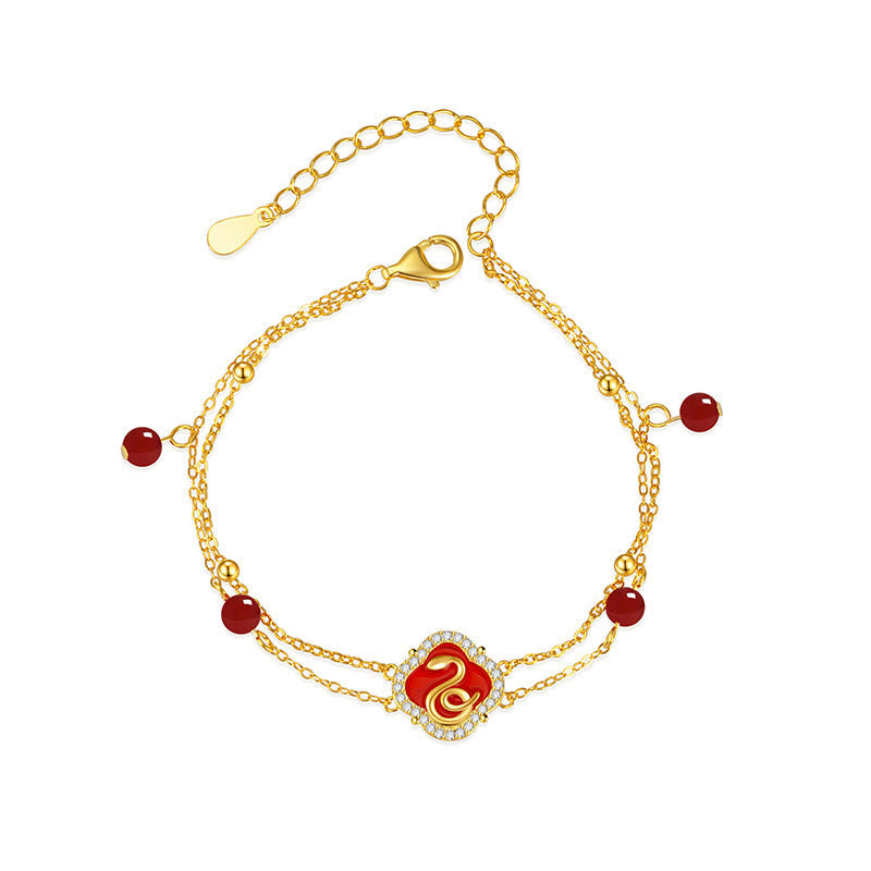 Glücksarmband Schlange aus Sterlingsilber mit rotem Achat