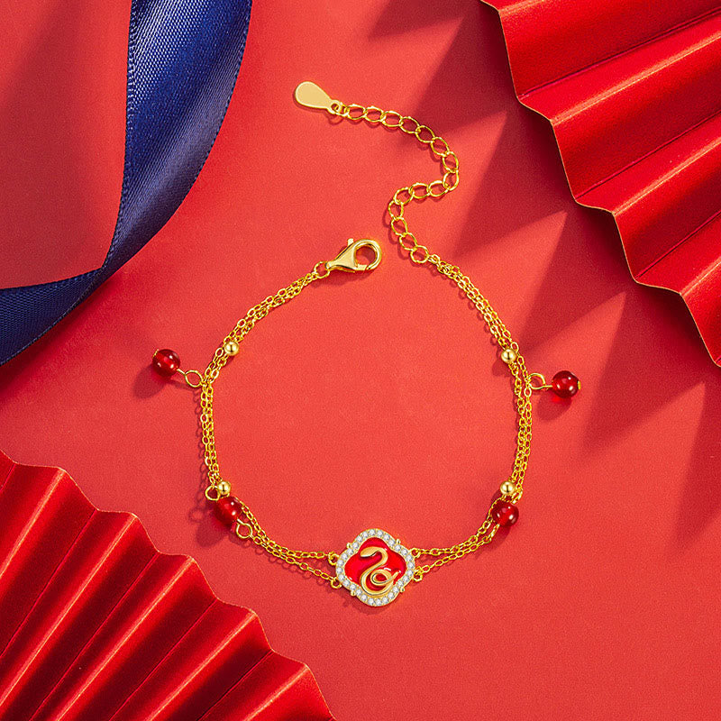 Glücksarmband Schlange aus Sterlingsilber mit rotem Achat