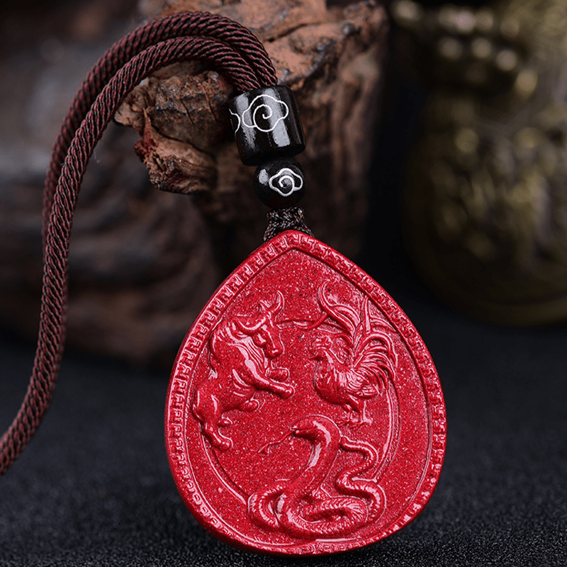 Cinnabar Chinese Zodiac Necklace with Blessing Pendant