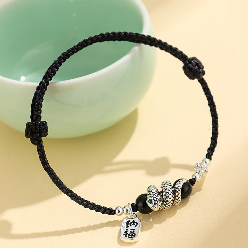 Glücksschlangenarmband mit rotem Achat und Fu-Charakter, 15–18 cm