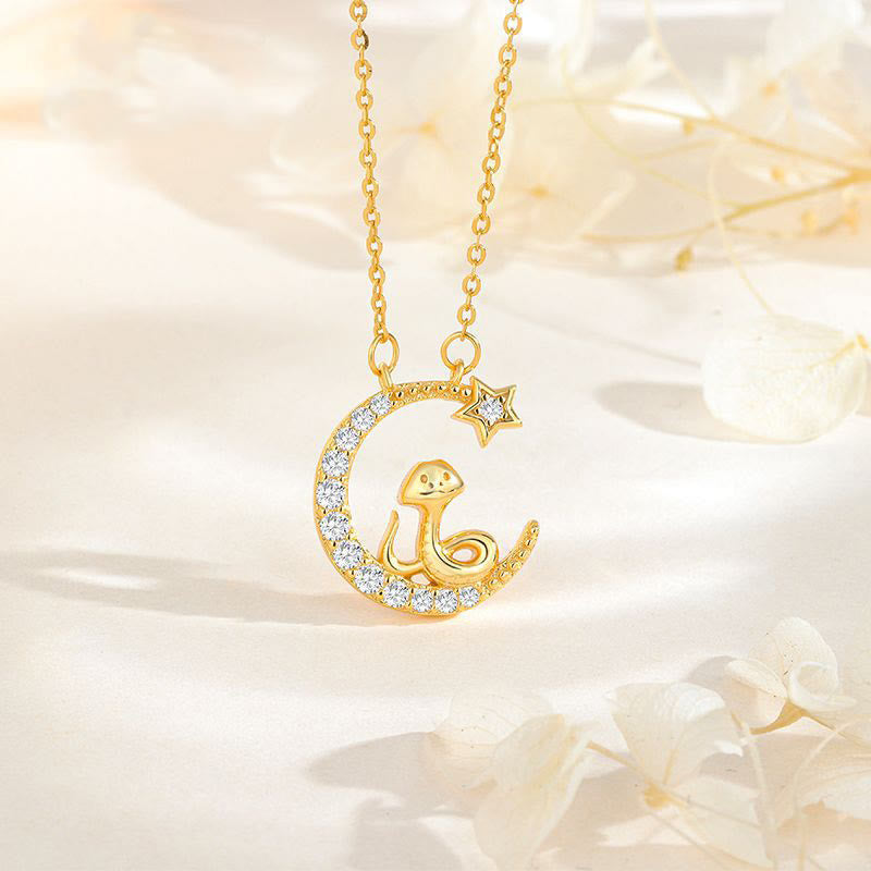 Sterling Silver Moon Snake Pendant with Zirconia for Blessing