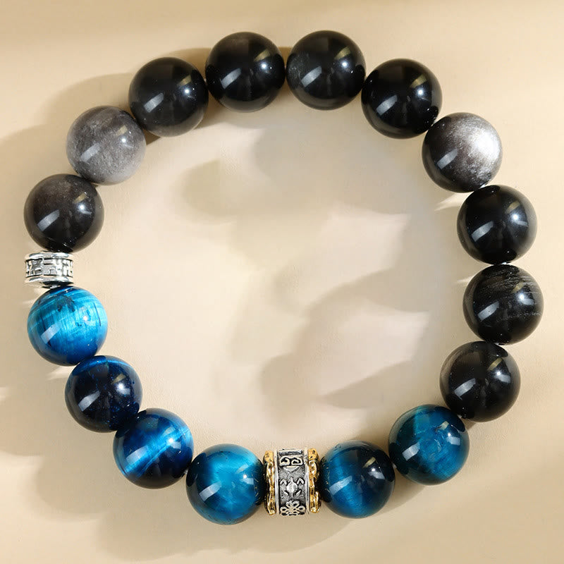 Armband aus blauem Tigerauge und silberglänzendem Obsidian, 12 mm