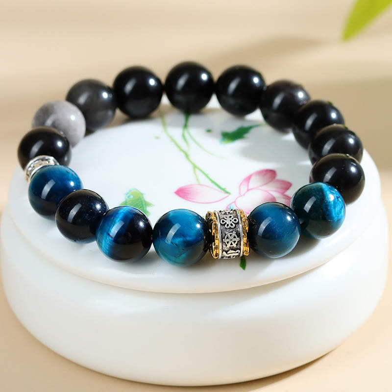 Armband aus blauem Tigerauge und silberglänzendem Obsidian, 12 mm
