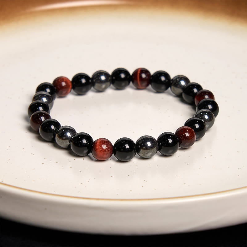 8 mm Tigerauge-Obsidian-Hämatit-Armband für Herren zum Schutz