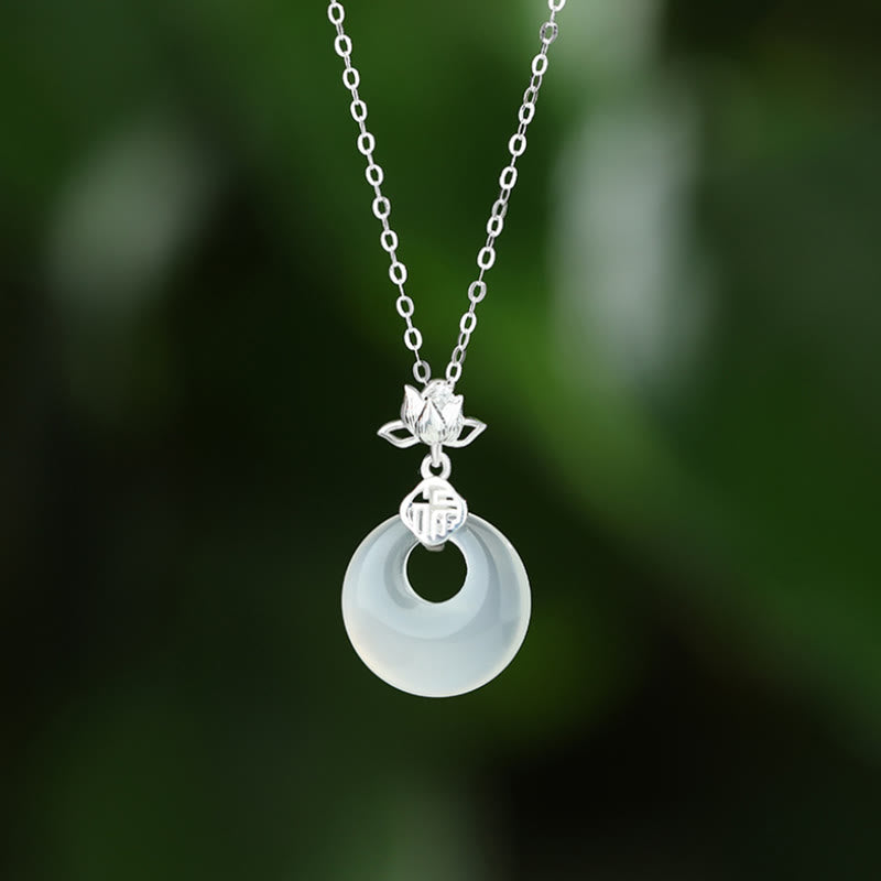 Chalcedony Lotus Pendant Necklace in 925 Sterling Silver for Peace