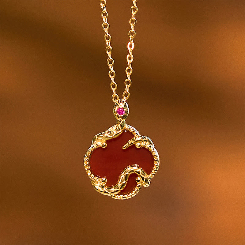 925 Sterling Silver Red Agate Snake Year Blessing Necklace