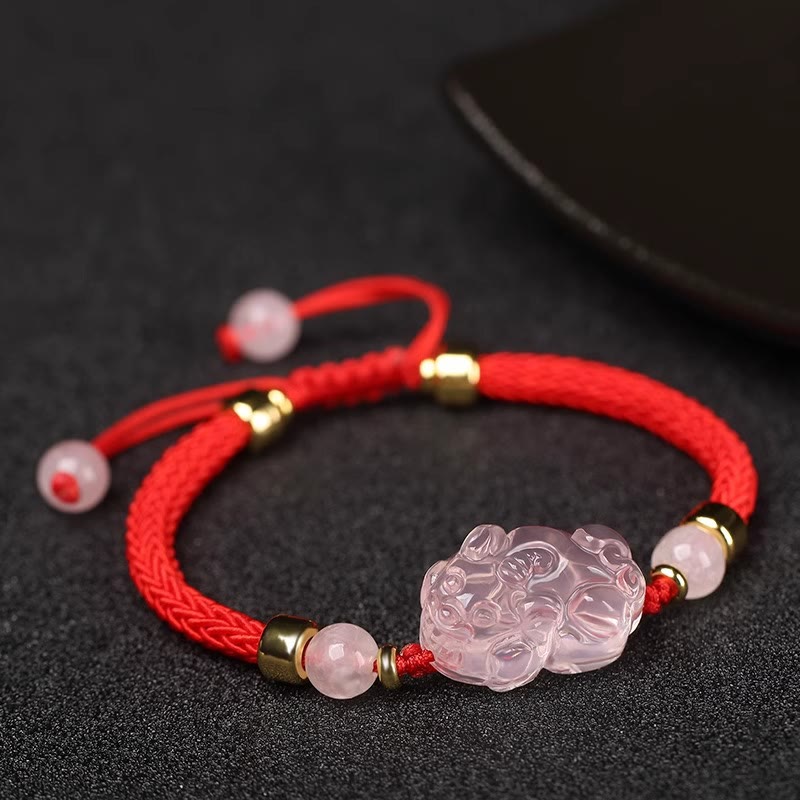 Pink Crystal PiXiu Wealth Bracelet with Red String Protection