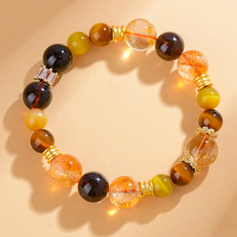 11mm Citrine Smoky Quartz Tiger Eye Prosperity Bracelet