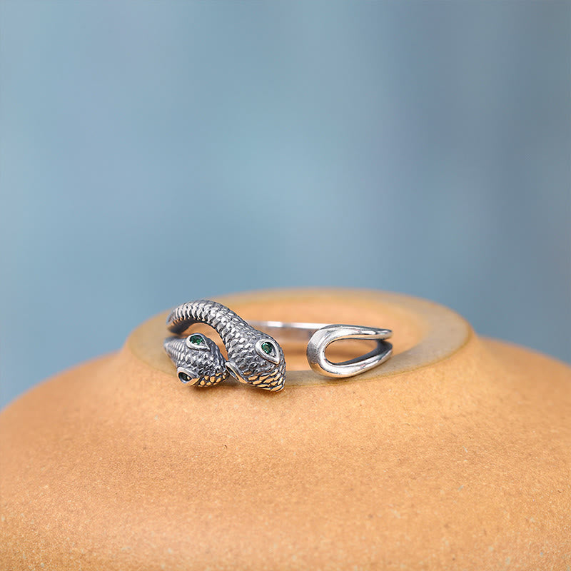925 Sterling Silver Two-headed Snake Wisdom Adjustable Ring