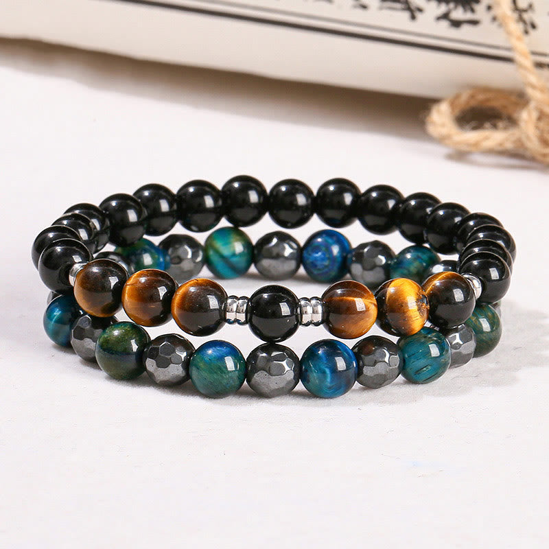 8 mm Hämatit-Armbandset mit blauem Tigerauge – Schutzdesign