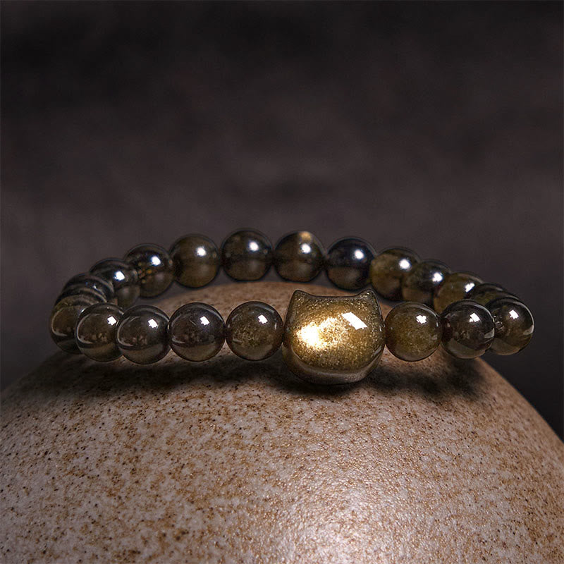 Gold Sheen Obsidian Bracelet with Lucky Cat Paw Charm for Protection