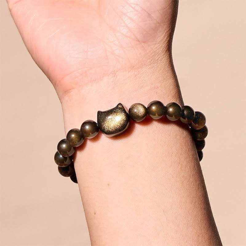 Gold Sheen Obsidian Lucky Cat Protection Bracelet 8mm