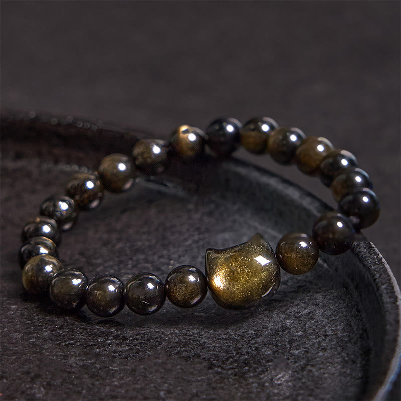 Gold Sheen Obsidian Lucky Cat Protection Bracelet 8mm
