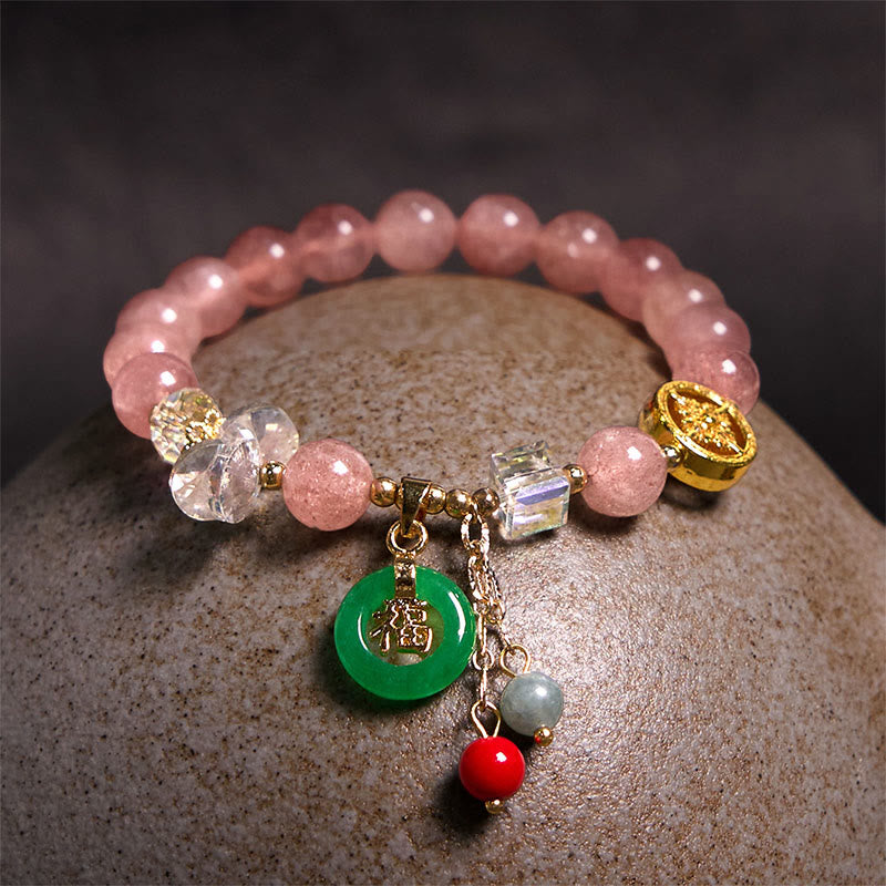 8mm Strawberry Quartz Jade Fu Character Healing Bracelet